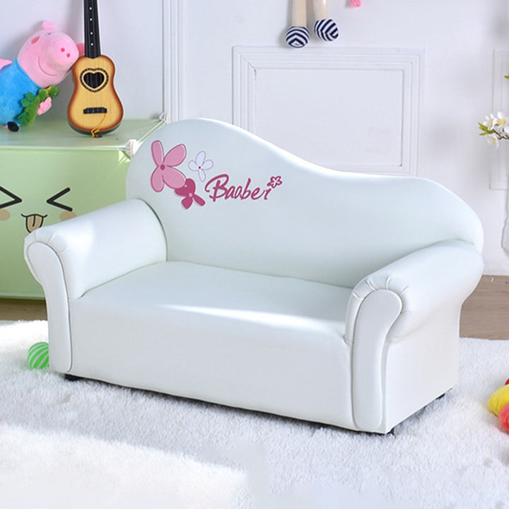 Canapé pour enfants moderne minimaliste rectangulaire à bords arrondis en bois massif et cuir PU, avec dossier et accoudoirs, pour salon 