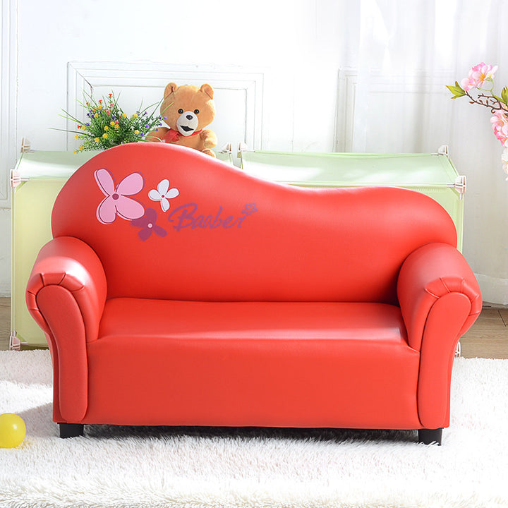 Canapé pour enfants moderne minimaliste rectangulaire à bords arrondis en bois massif et cuir PU, avec dossier et accoudoirs, pour salon 