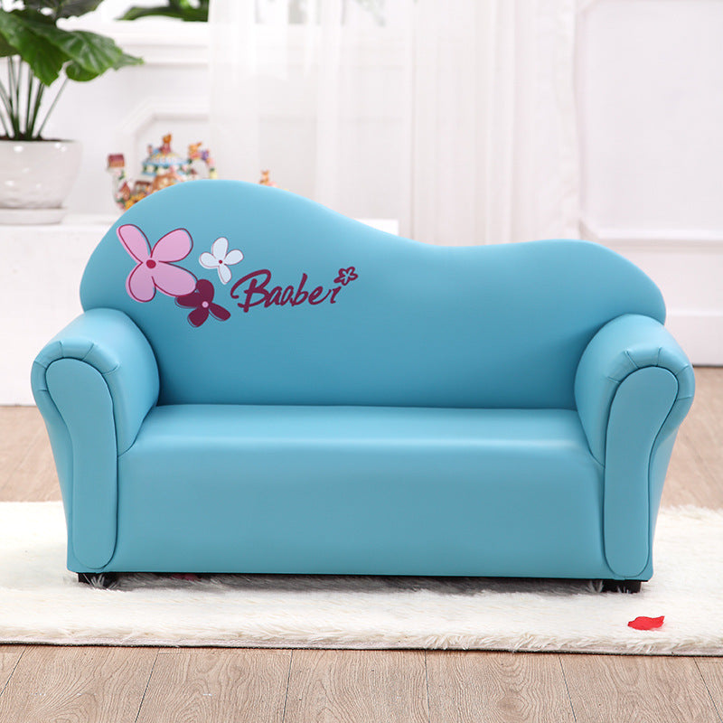 Canapé pour enfants moderne minimaliste rectangulaire à bords arrondis en bois massif et cuir PU, avec dossier et accoudoirs, pour salon 