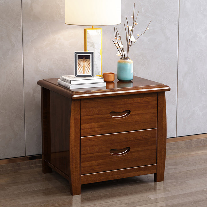 Traditional Chinese Rectangular Solid Walnut Medium Density Fiberboard Nightstand 2-Drawer For Bedroom