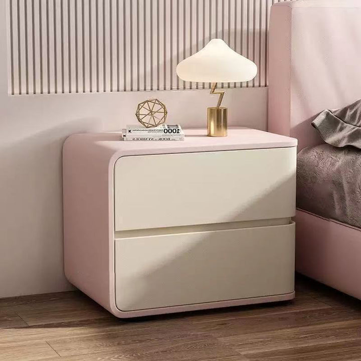 Modern Minimalist Rectangular Pine Solid Wood Microfiber Leather Carbon Steel Nightstand 2-Drawer For Bedroom