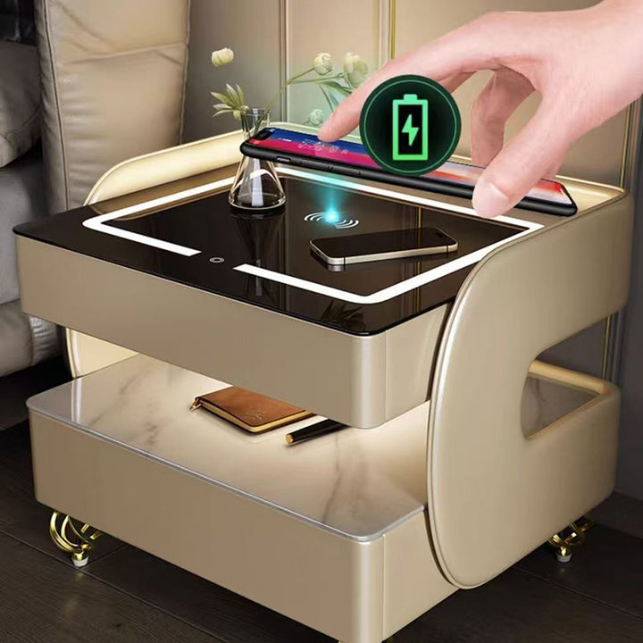 Moderner minimalistischer rechteckiger Steinscheibe aus gehärtetem Glas, Massivholz, Faserplatte, Stahl-Nachttisch mit 2 Schubladen für das Schlafzimmer 