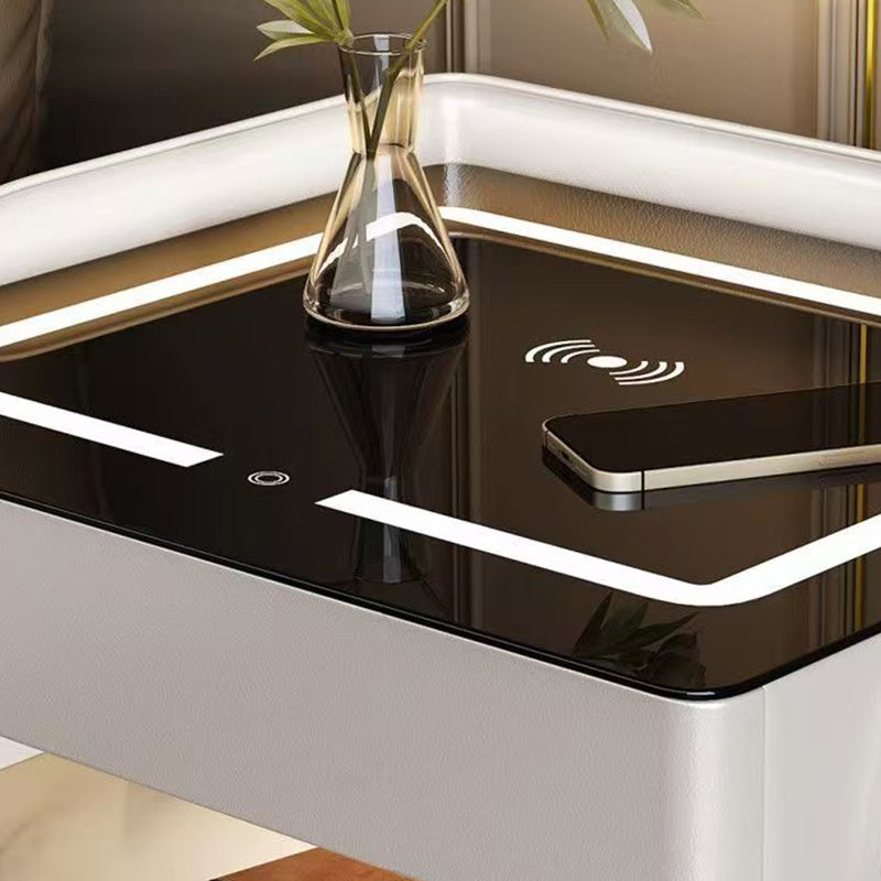 Moderner minimalistischer rechteckiger Steinscheibe aus gehärtetem Glas, Massivholz, Faserplatte, Stahl-Nachttisch mit 2 Schubladen für das Schlafzimmer 