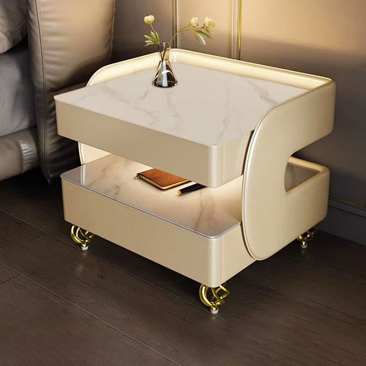 Moderner minimalistischer rechteckiger Steinscheibe aus gehärtetem Glas, Massivholz, Faserplatte, Stahl-Nachttisch mit 2 Schubladen für das Schlafzimmer 