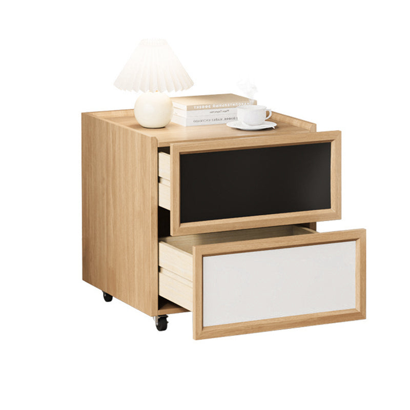Moderner minimalistischer rechteckiger Nachttisch aus Gummibaumholz und massiver Kiefer mit 2 Schubladen für das Schlafzimmer 