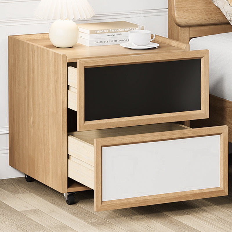 Moderner minimalistischer rechteckiger Nachttisch aus Gummibaumholz und massiver Kiefer mit 2 Schubladen für das Schlafzimmer 