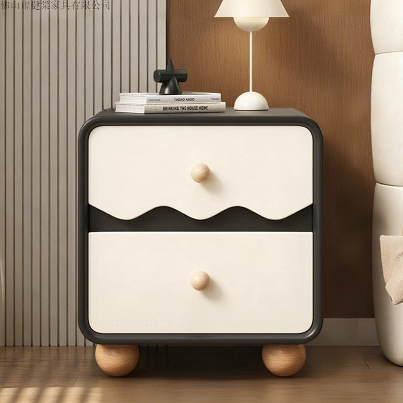 Table de chevet contemporaine créative rectangulaire sphérique en bois de pin massif en bois massif avec patte de chat en cuir, 2 tiroirs pour chambre à coucher 