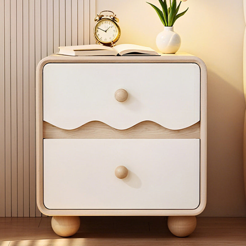 Table de chevet contemporaine créative rectangulaire sphérique en bois de pin massif en bois massif avec patte de chat en cuir, 2 tiroirs pour chambre à coucher 