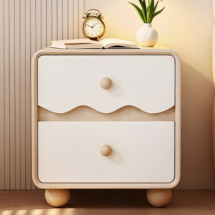 Table de chevet contemporaine créative rectangulaire sphérique en bois de pin massif en bois massif avec patte de chat en cuir, 2 tiroirs pour chambre à coucher 