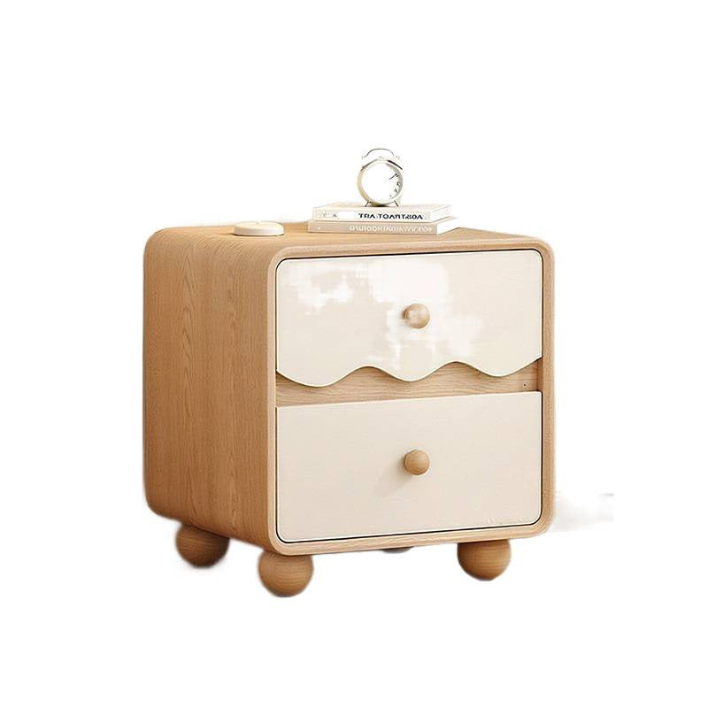 Table de chevet contemporaine créative rectangulaire sphérique en bois de pin massif en bois massif avec patte de chat en cuir, 2 tiroirs pour chambre à coucher 