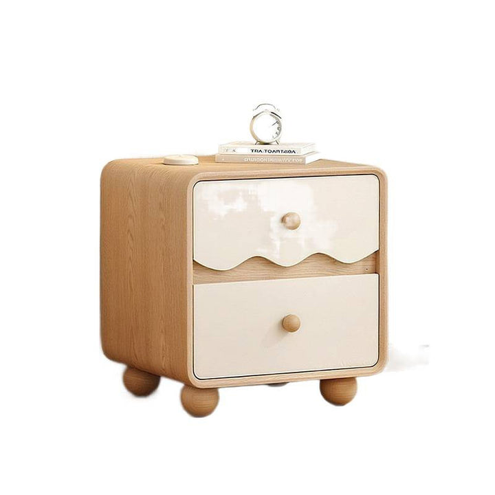 Table de chevet contemporaine créative rectangulaire sphérique en bois de pin massif en bois massif avec patte de chat en cuir, 2 tiroirs pour chambre à coucher 