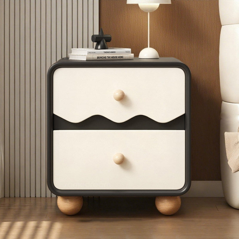 Table de chevet contemporaine créative rectangulaire sphérique en bois de pin massif en bois massif avec patte de chat en cuir, 2 tiroirs pour chambre à coucher 