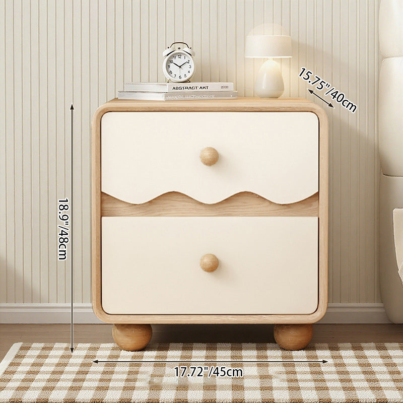 Table de chevet contemporaine créative rectangulaire sphérique en bois de pin massif en bois massif avec patte de chat en cuir, 2 tiroirs pour chambre à coucher 
