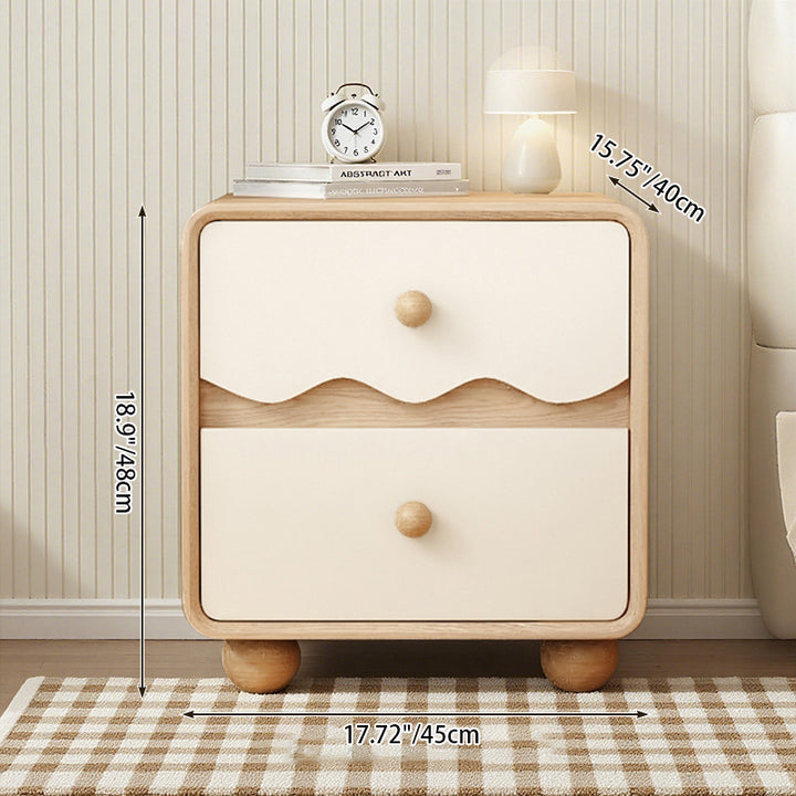 Table de chevet contemporaine créative rectangulaire sphérique en bois de pin massif en bois massif avec patte de chat en cuir, 2 tiroirs pour chambre à coucher 