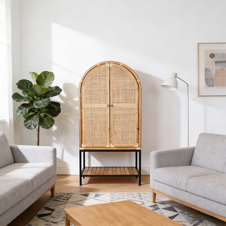 Contemporary Boho Handwoven Indonesian Rattan Solid Wood Iron Storage Cabinet - Arched Cabinet With Breathable Woven For Living Room