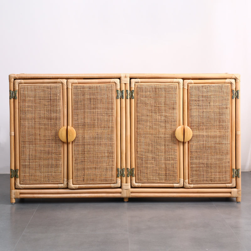 Contemporary Boho Handwoven Indonesian Rattan Solid Wood Storage Cabinet - Rectangular Low Profile Cabinet For Living Room
