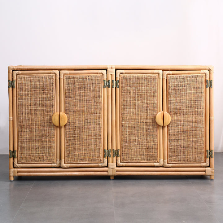 Contemporary Boho Handwoven Indonesian Rattan Solid Wood Storage Cabinet - Rectangular Low Profile Cabinet For Living Room