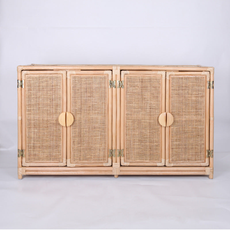 Contemporary Boho Handwoven Indonesian Rattan Solid Wood Storage Cabinet - Rectangular Low Profile Cabinet For Living Room