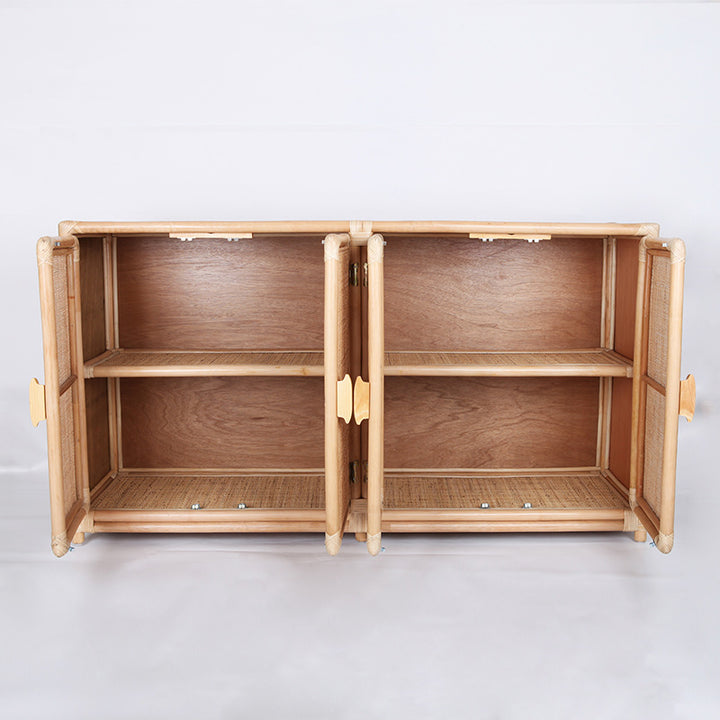 Contemporary Boho Handwoven Indonesian Rattan Solid Wood Storage Cabinet - Rectangular Low Profile Cabinet For Living Room