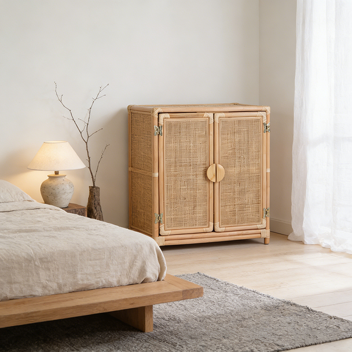 Contemporary Boho Handwoven Indonesian Rattan Solid Wood Storage Cabinet - Rectangular Low Profile Cabinet For Living Room