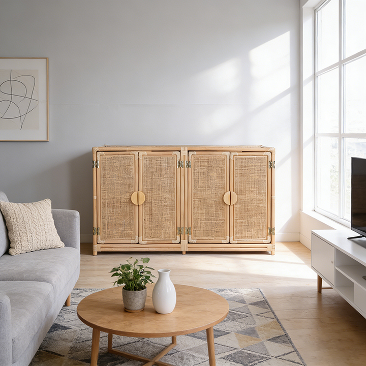 Contemporary Boho Handwoven Indonesian Rattan Solid Wood Storage Cabinet - Rectangular Low Profile Cabinet For Living Room