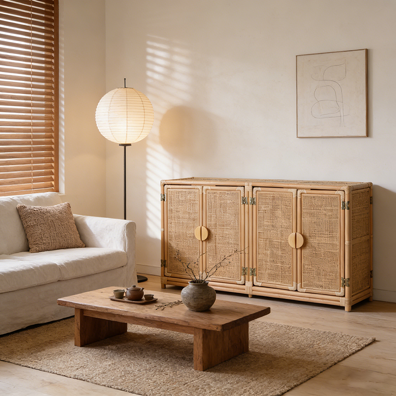 Contemporary Boho Handwoven Indonesian Rattan Solid Wood Storage Cabinet - Rectangular Low Profile Cabinet For Living Room