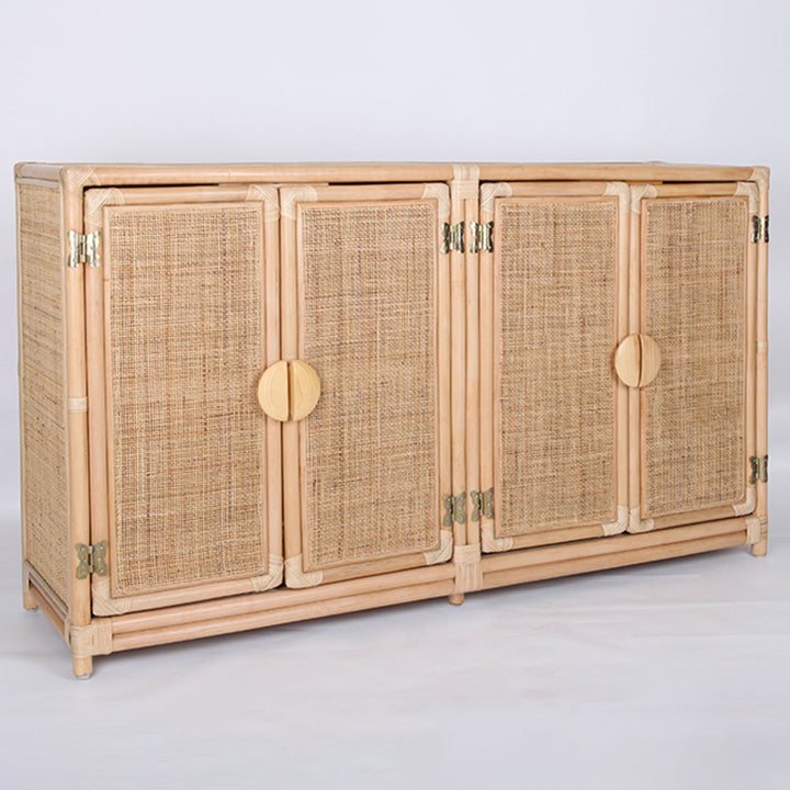 Contemporary Boho Handwoven Indonesian Rattan Solid Wood Storage Cabinet - Rectangular Low Profile Cabinet For Living Room