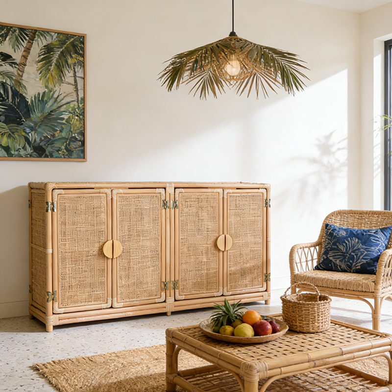 Contemporary Boho Handwoven Indonesian Rattan Solid Wood Storage Cabinet - Rectangular Low Profile Cabinet For Living Room