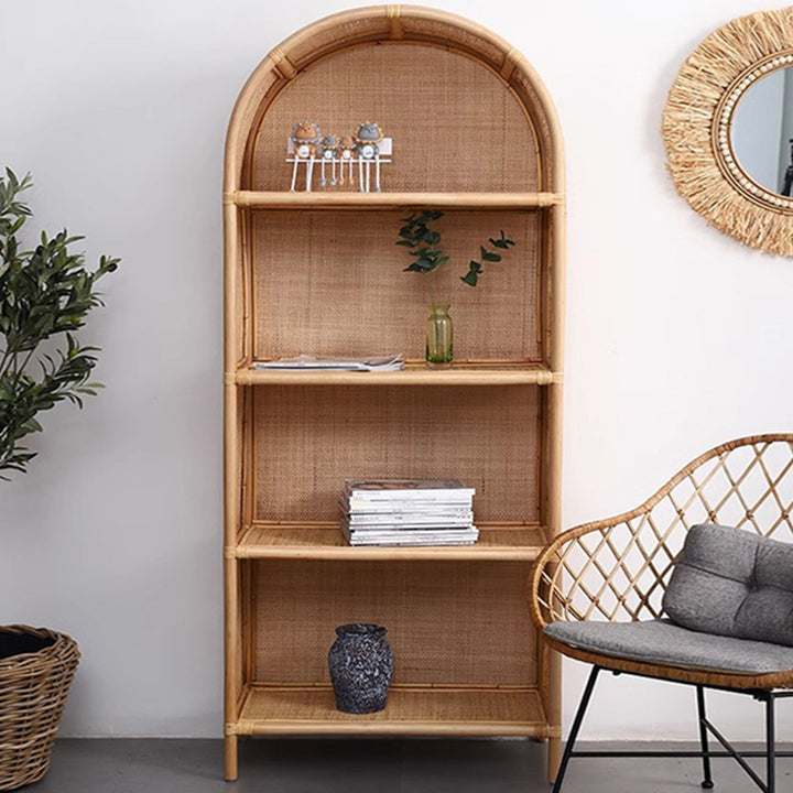 Contemporary Boho Handwoven Indonesian Rattan Solid Wood Storage Shelf - Arched Open 4-Tier Display Cabinet For Living Room