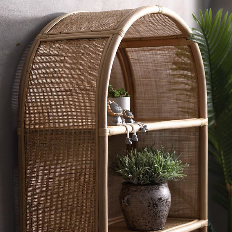 Contemporary Boho Handwoven Indonesian Rattan Solid Wood Storage Shelf - Arched Open 4-Tier Display Cabinet For Living Room