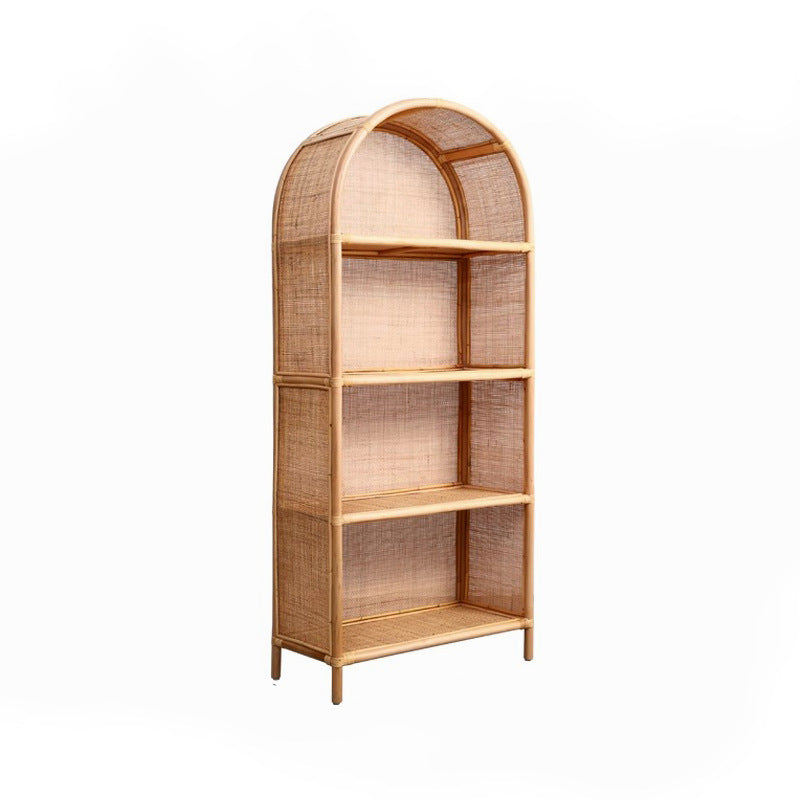 Contemporary Boho Handwoven Indonesian Rattan Solid Wood Storage Shelf - Arched Open 4-Tier Display Cabinet For Living Room