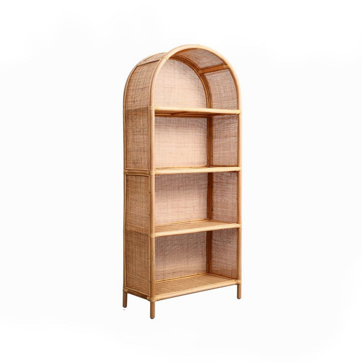 Contemporary Boho Handwoven Indonesian Rattan Solid Wood Storage Shelf - Arched Open 4-Tier Display Cabinet For Living Room