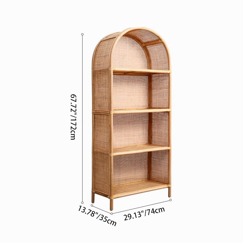 Contemporary Boho Handwoven Indonesian Rattan Solid Wood Storage Shelf - Arched Open 4-Tier Display Cabinet For Living Room