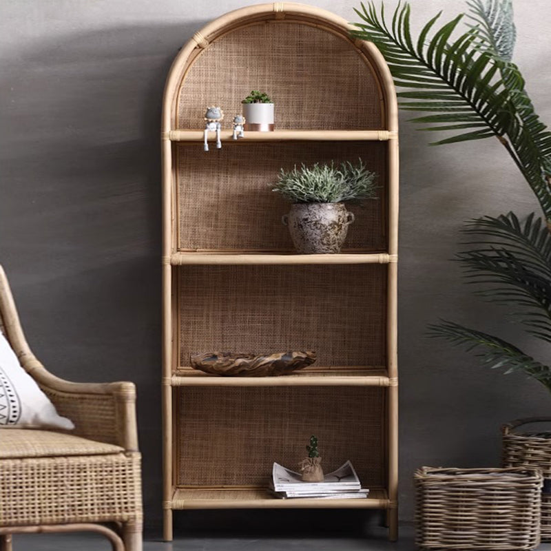 Contemporary Boho Handwoven Indonesian Rattan Solid Wood Storage Shelf - Arched Open 4-Tier Display Cabinet For Living Room