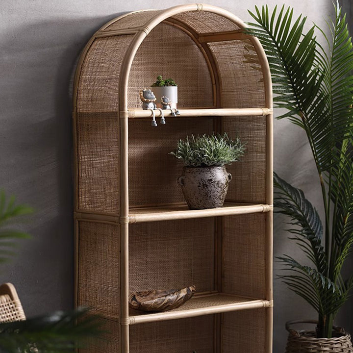 Contemporary Boho Handwoven Indonesian Rattan Solid Wood Storage Shelf - Arched Open 4-Tier Display Cabinet For Living Room