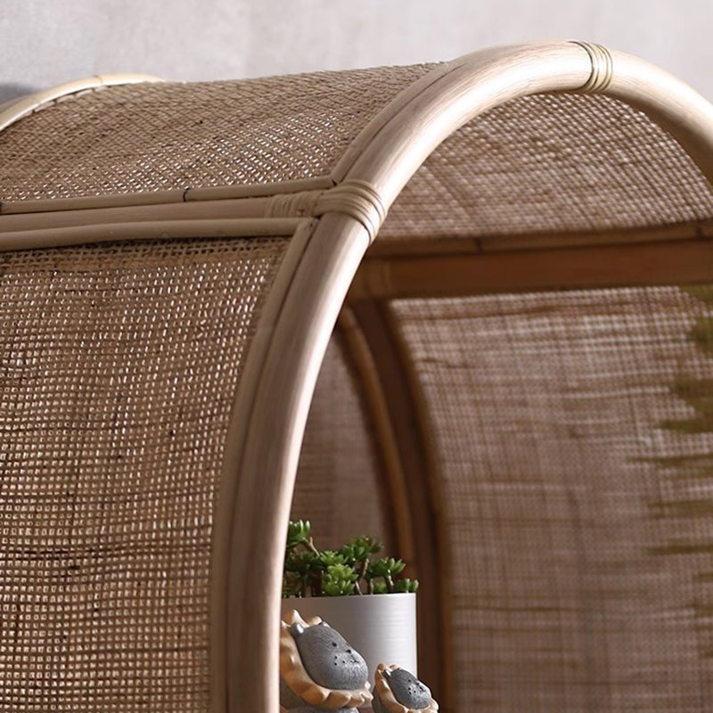 Contemporary Boho Handwoven Indonesian Rattan Solid Wood Storage Shelf - Arched Open 4-Tier Display Cabinet For Living Room