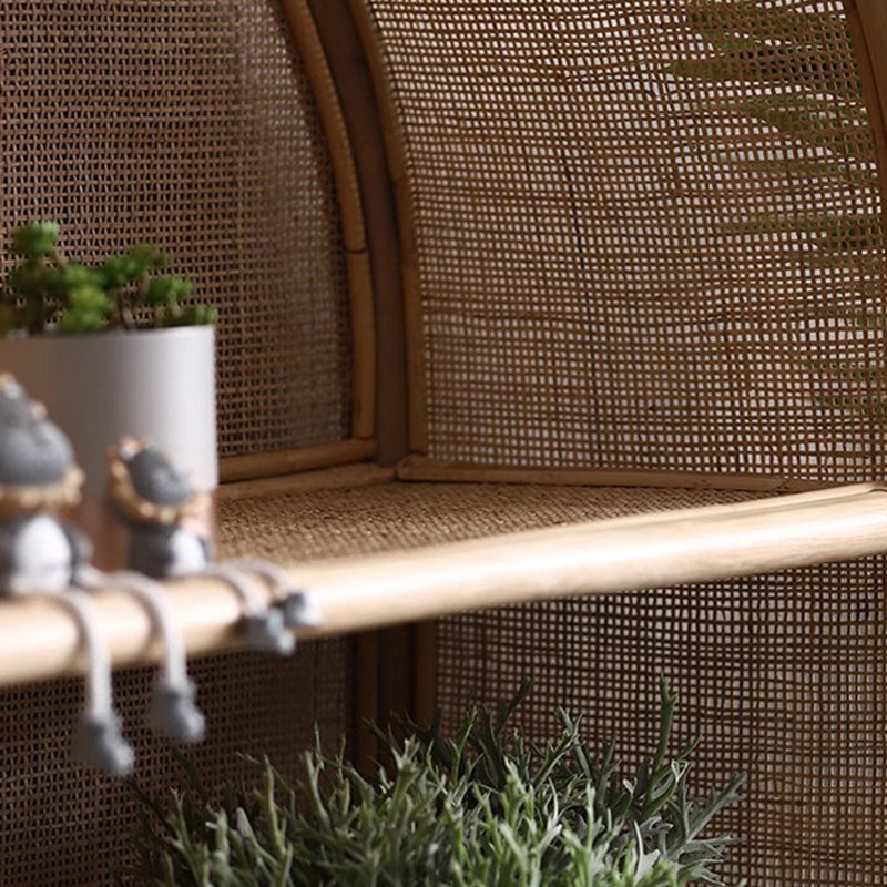 Contemporary Boho Handwoven Indonesian Rattan Solid Wood Storage Shelf - Arched Open 4-Tier Display Cabinet For Living Room