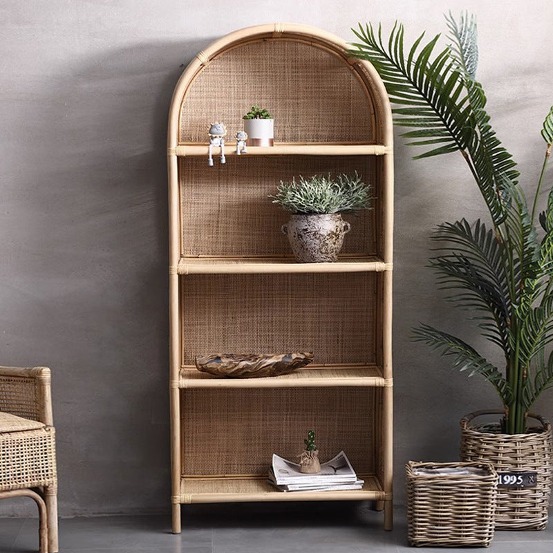 Contemporary Boho Handwoven Indonesian Rattan Solid Wood Storage Shelf - Arched Open 4-Tier Display Cabinet For Living Room