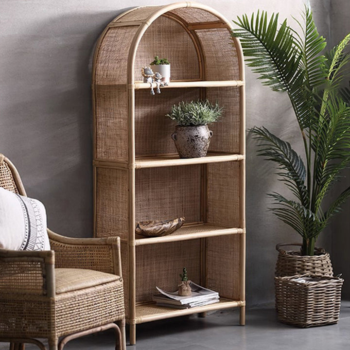 Contemporary Boho Handwoven Indonesian Rattan Solid Wood Storage Shelf - Arched Open 4-Tier Display Cabinet For Living Room
