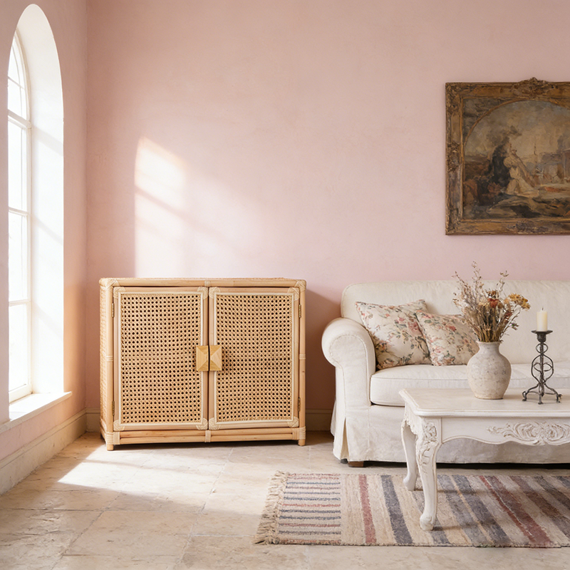 Contemporary Boho Natural Rattan Wooden Storage Cabinet - Rectangular Handwoven Indonesian Rattan Storage Unit For Living Room