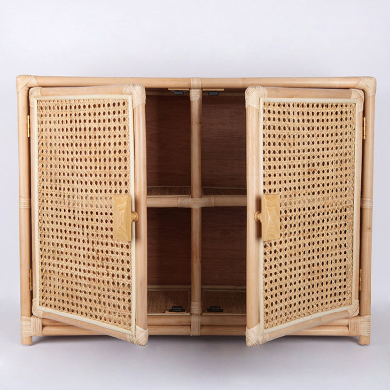 Contemporary Boho Natural Rattan Wooden Storage Cabinet - Rectangular Handwoven Indonesian Rattan Storage Unit For Living Room