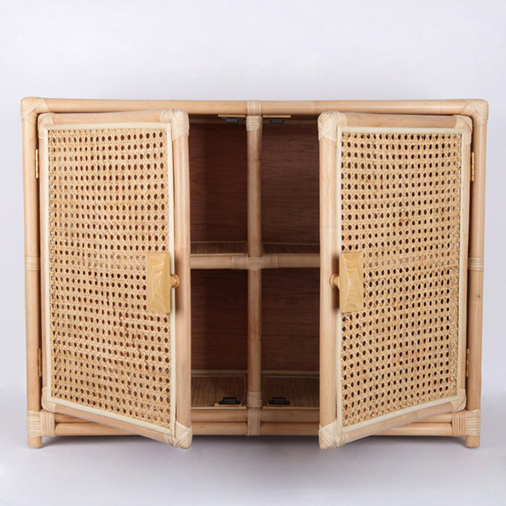 Contemporary Boho Natural Rattan Wooden Storage Cabinet - Rectangular Handwoven Indonesian Rattan Storage Unit For Living Room