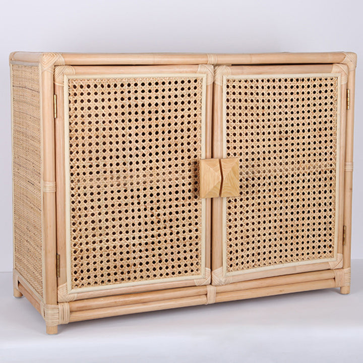 Contemporary Boho Natural Rattan Wooden Storage Cabinet - Rectangular Handwoven Indonesian Rattan Storage Unit For Living Room