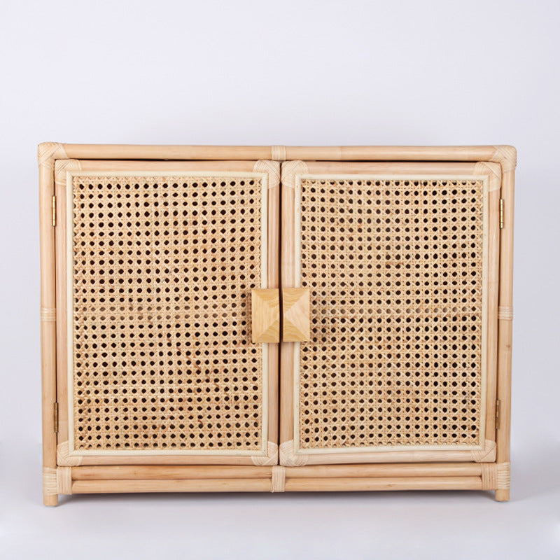 Contemporary Boho Natural Rattan Wooden Storage Cabinet - Rectangular Handwoven Indonesian Rattan Storage Unit For Living Room
