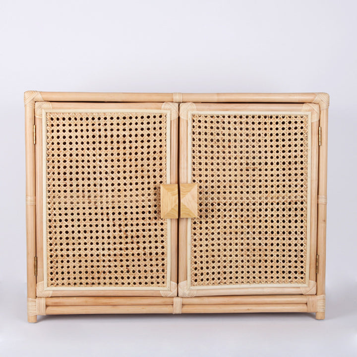 Contemporary Boho Natural Rattan Wooden Storage Cabinet - Rectangular Handwoven Indonesian Rattan Storage Unit For Living Room