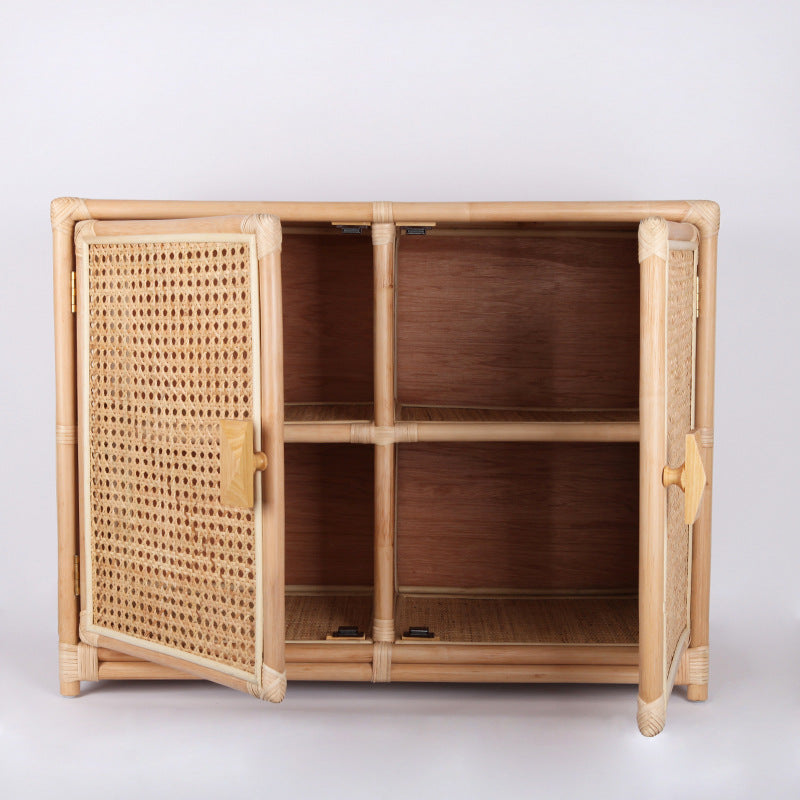 Contemporary Boho Natural Rattan Wooden Storage Cabinet - Rectangular Handwoven Indonesian Rattan Storage Unit For Living Room