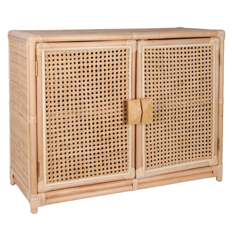 Contemporary Boho Natural Rattan Wooden Storage Cabinet - Rectangular Handwoven Indonesian Rattan Storage Unit For Living Room