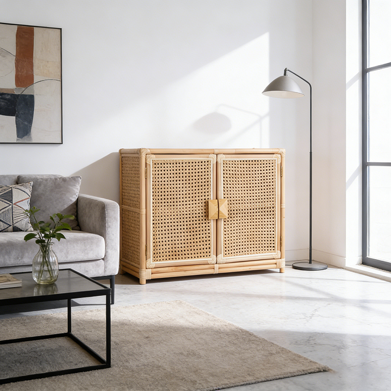 Contemporary Boho Natural Rattan Wooden Storage Cabinet - Rectangular Handwoven Indonesian Rattan Storage Unit For Living Room