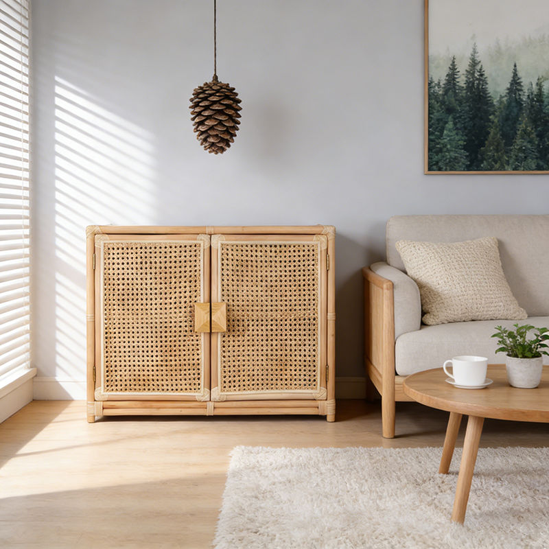 Contemporary Boho Natural Rattan Wooden Storage Cabinet - Rectangular Handwoven Indonesian Rattan Storage Unit For Living Room