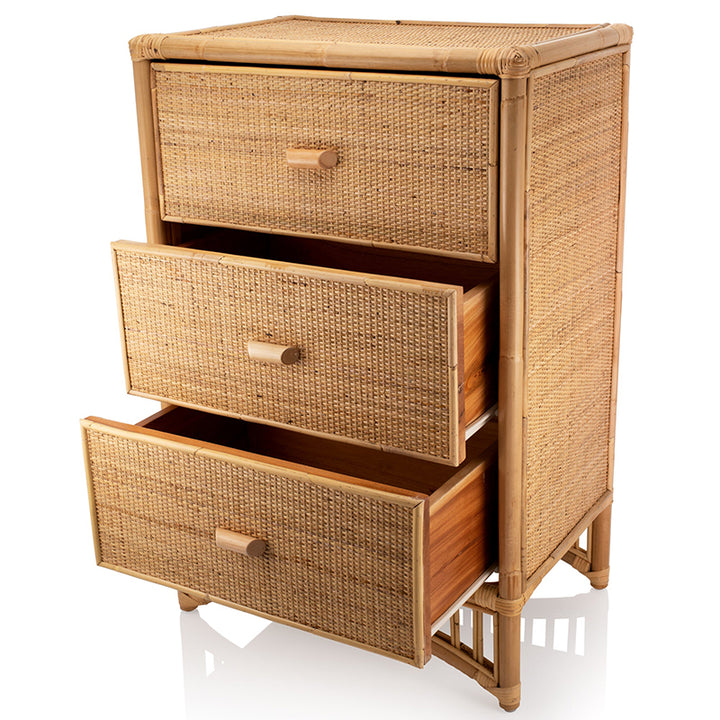 Meuble de rangement contemporain bohème en rotin naturel et bois - meuble de rangement rectangulaire à 3 tiroirs en rotin indonésien tissé à la main pour salon 